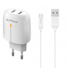 Мрежово зарядно устройство DeTech DE-32QCM, 18W, С Micro USB кабел, 2 x USB F, QC, Бял - 40325