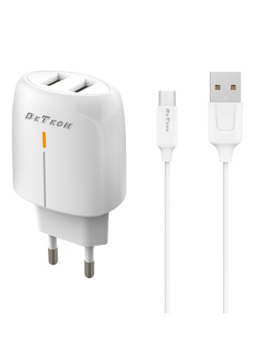 Мрежово зарядно устройство DeTech DE-32QCM, 18W, С Micro USB кабел, 2 x USB F, QC, Бял - 40325