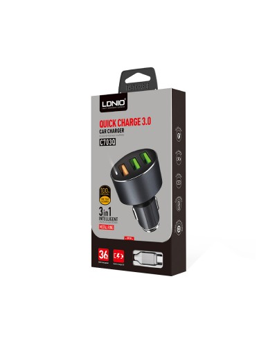 Зарядно устройство за кола, LDNIO C703Q, Quick Charge 3.0, 3xUSB, С Micro USB кабел, Сив - 14752