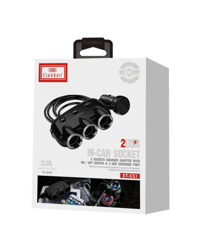 Зарядно устройство за кола Earldom ES-CS1, Разклонител, 2xUSB F, 3x12/24V, Различни цветове – 40207