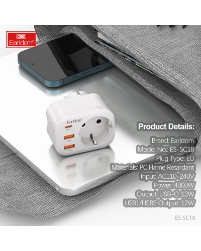 Универсален преходник - зарядно Earldom ES-SC18, 2xUSB, 1xType-C, Шуко, Бял - 40524