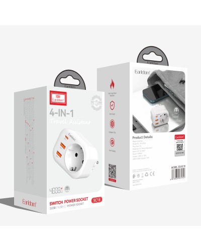Универсален преходник - зарядно Earldom ES-SC18, 2xUSB, 1xType-C, Шуко, Бял - 40524